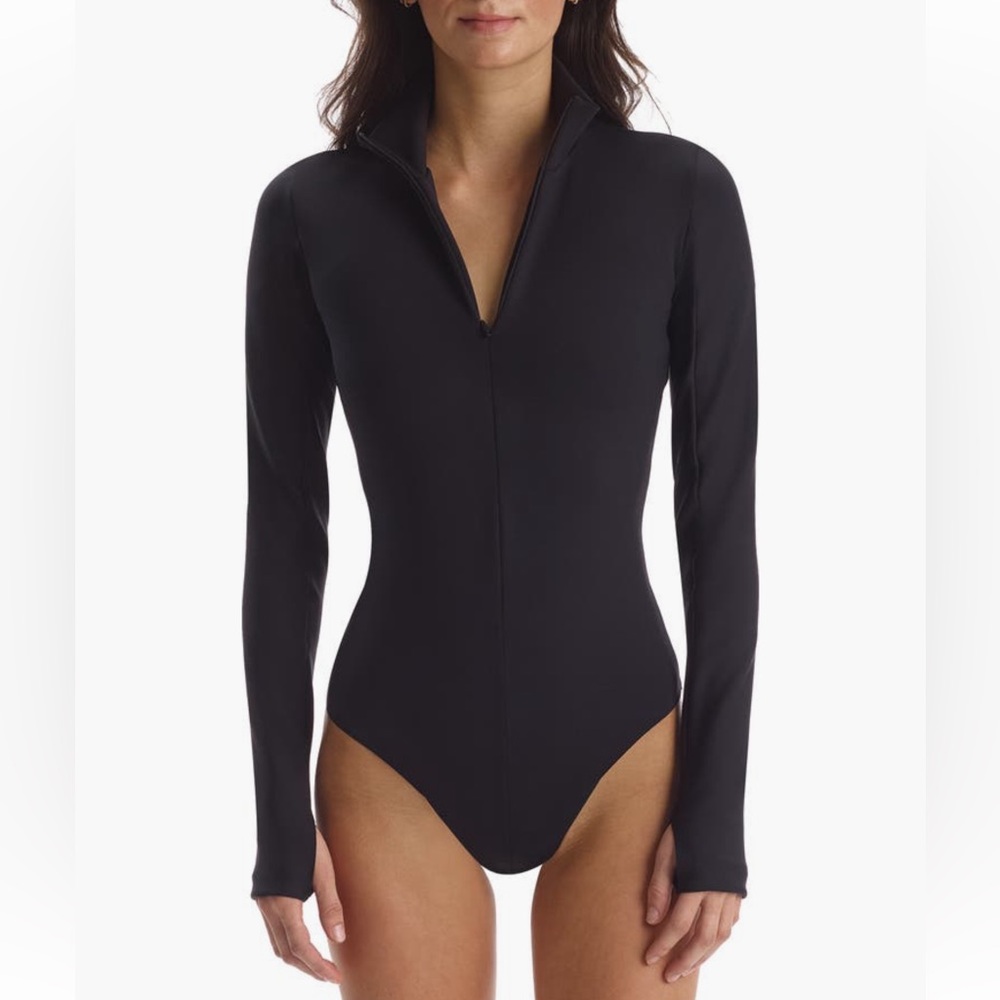 COMMANDO Zip Long Sleeve Scuba Knit Thong Bodysuit | Black